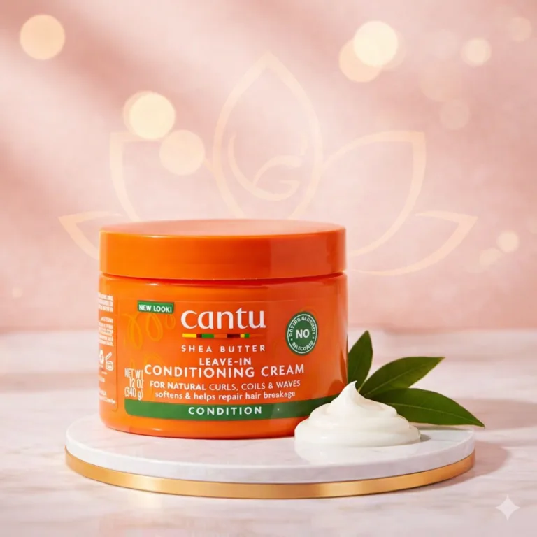 Cantu Shea Butter Leave-In Conditioning Cream jar displayed in a premium studio product image for natural curls, coils, and waves
