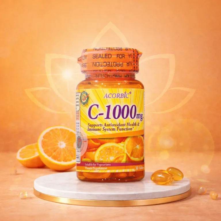 Acorbic Vitamin C 1000mg tablets bottle displayed in a premium studio product image for immune and antioxidant support