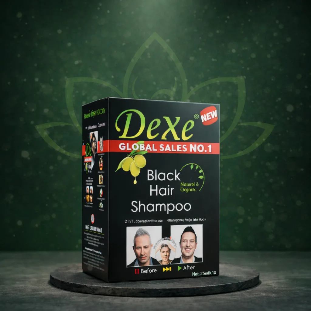 dexe-black-hair-shampoo-2-in-1-instant-hair-color-glamour-ceylon DeXe Black Hair Shampoo 2-in-1 box displayed in a premium studio product image for instant black hair color and cleansing