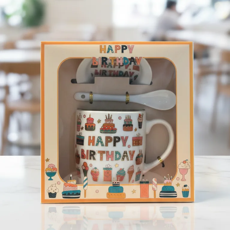 birthday mug gift set with happy birthday ceramic mug and spoon by Glamour Ceylon