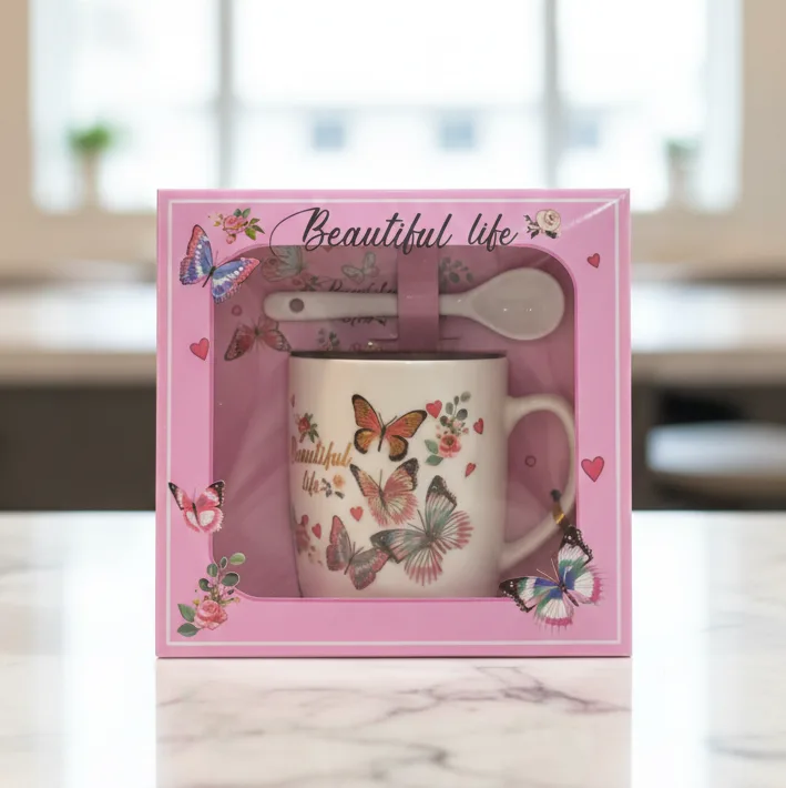 butterfly mug gift set beautiful life ceramic mug with spoon by Glamour Ceylon