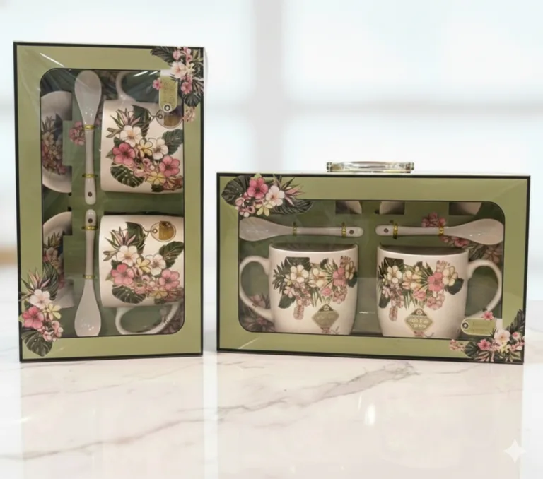 ceramic mug gift set with floral design mugs and ceramic spoons by Glamour Ceylon