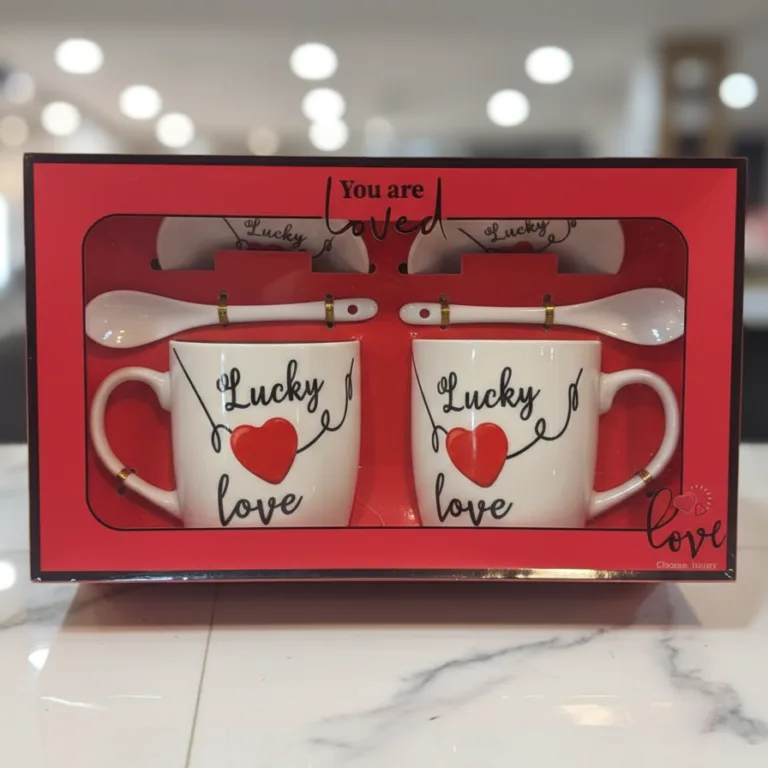 love mug gift set lucky love ceramic cups with spoons by Glamour Ceylon